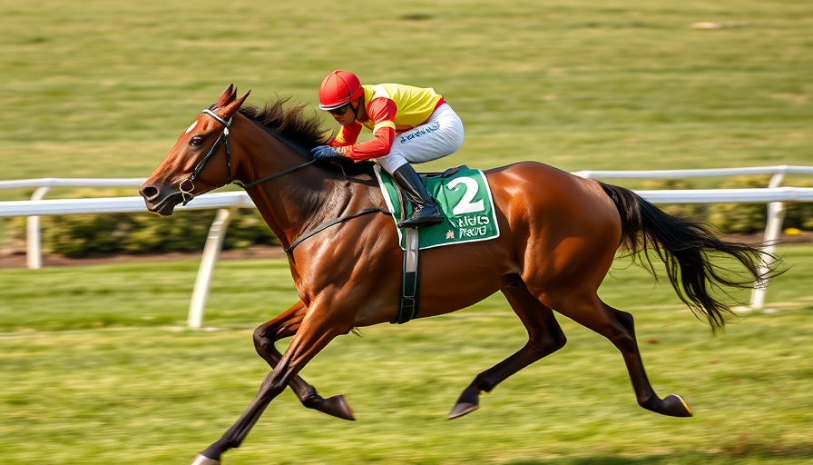 Thoroughbred horse with jockey racing at 2025 Kentucky Derby.