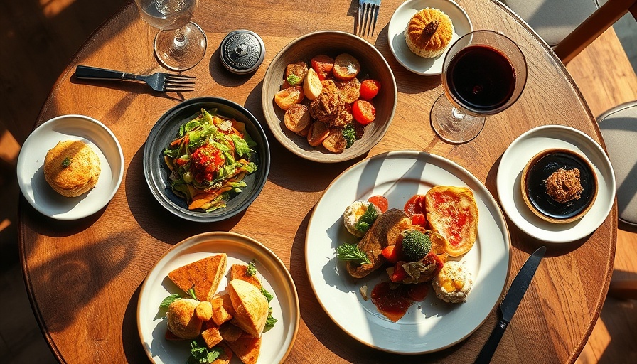 Austin lifestyle dining scene with gourmet dishes and wine on a sunny table.