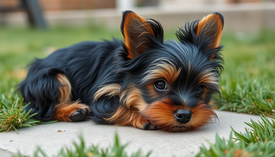 Small dog in backyard setting, relaxed and playful.