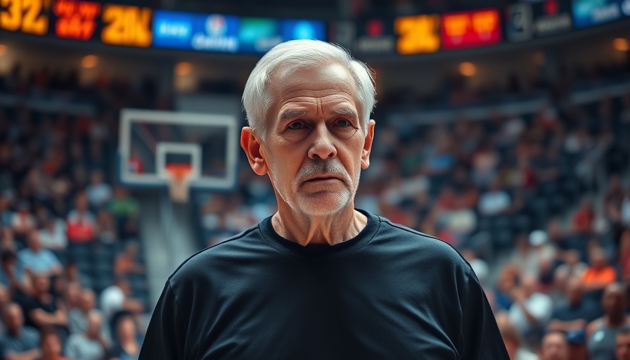 Spurs coach walking in arena during a game with thoughtful expression.