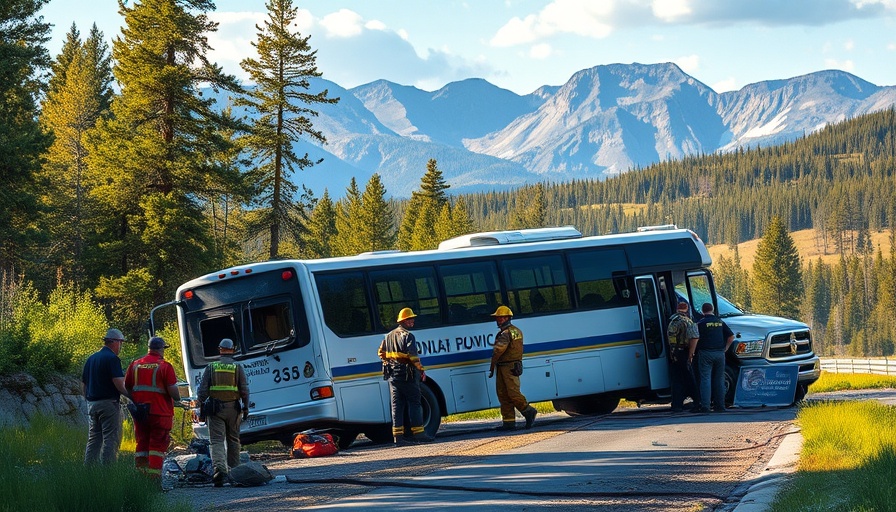 Emergency response to bus crash in Yellowstone with mountainous backdrop.