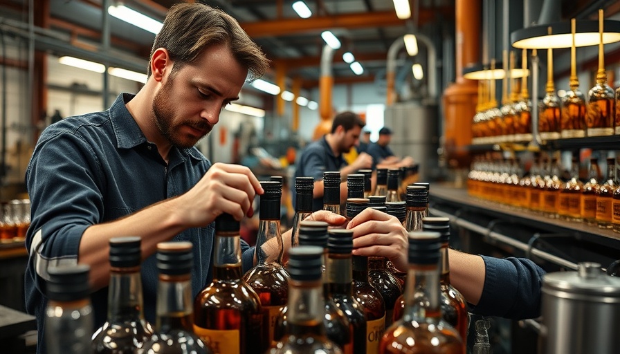 Buffalo Trace Distillery workers sealing whiskey bottles in a lively production line.