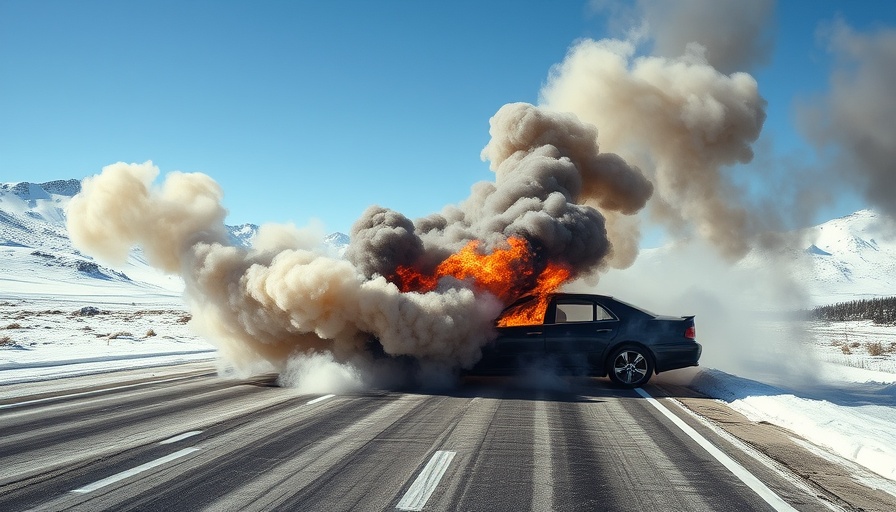 Dramatic Yellowstone National Park tour van collision with smoke and flames.
