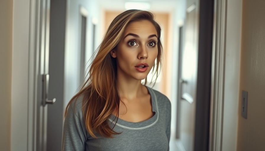 Surprised young woman reacting in a doorway during a work call.