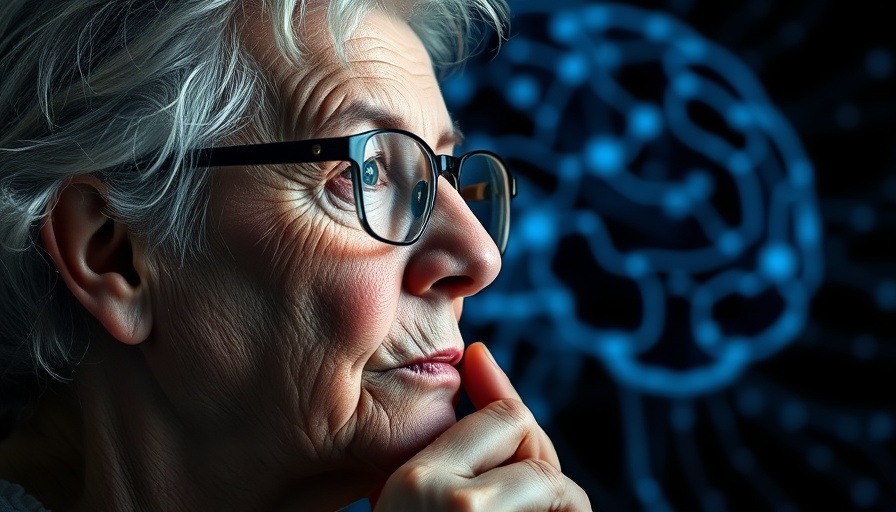 Elderly woman discussing national security news, digital brain.