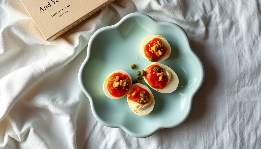 Romesco Devilled Eggs on elegant ceramic plate.