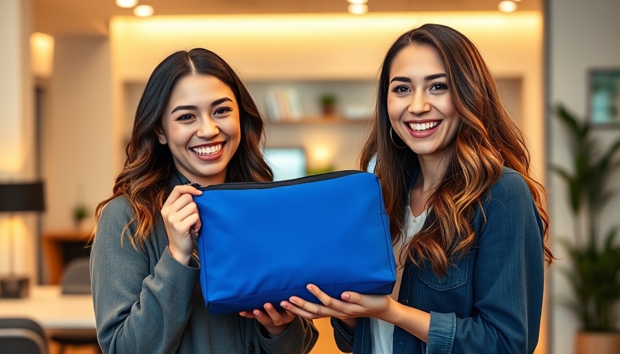 Young women celebrating with a custom ESPN makeup bag in a modern office.
