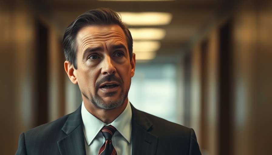 Intent man in suit discussing national security news, hallway setting