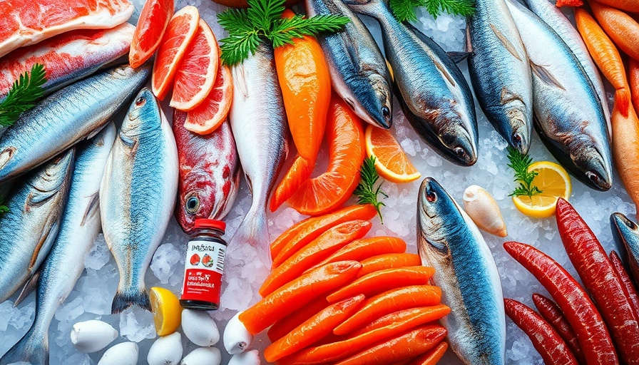 Colorful seafood display with probiotics on market ice counter.