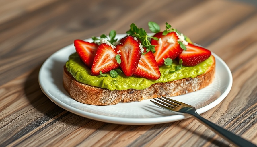 Avocado Toast Recipe with strawberries and sprouts on plate.
