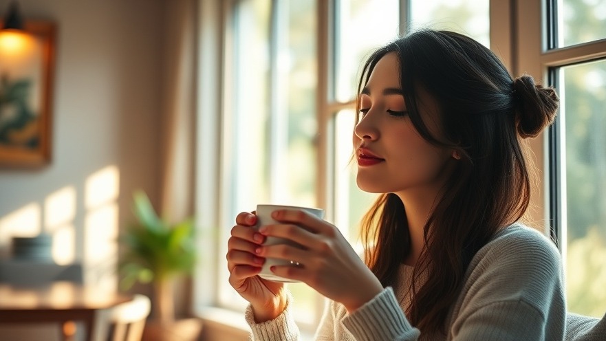 Serene young woman enjoying a cup of coffee, embracing Dallas lifestyle and health benefits of coffee.