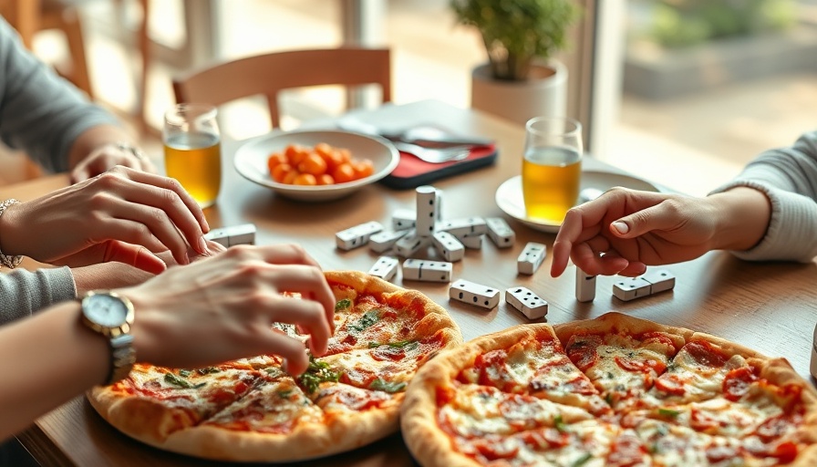 Learn mahjong in Austin: casual scene with pizza, dominoes.
