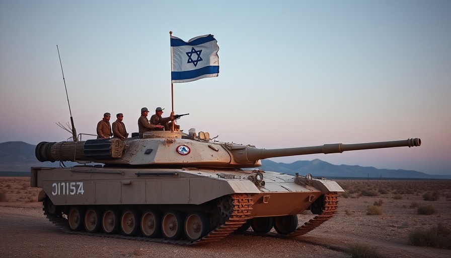 Israeli tank in barren landscape at dusk, soldiers onboard.