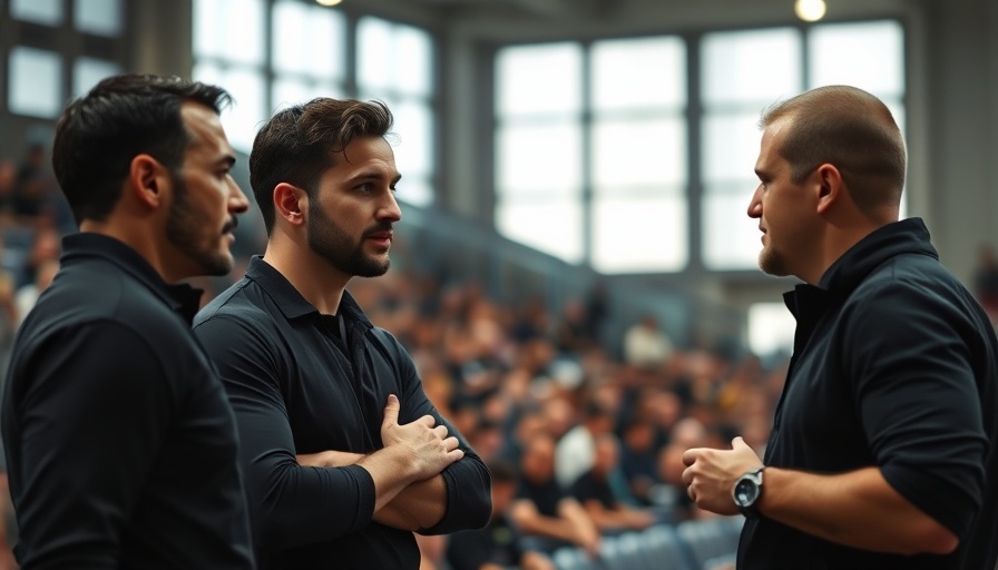 Focused discussion among men in black at a sports event, breaking news San Antonio.