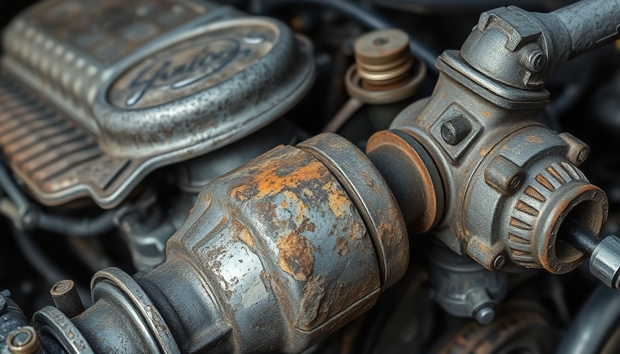 Detailed view of corroded car engine part showing wear.