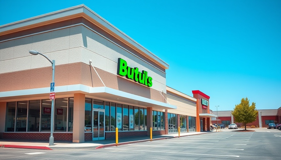 Retail store facade with green signage under clear blue sky.