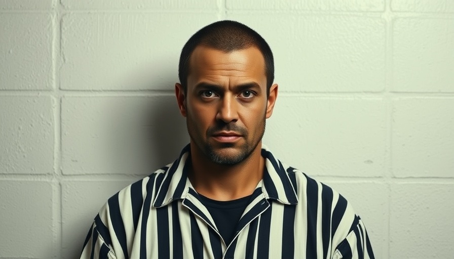 Neutral expression man in striped prison jumpsuit facing camera.