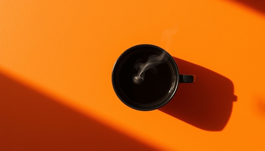 Steaming black coffee in cup casting shadow on orange background.