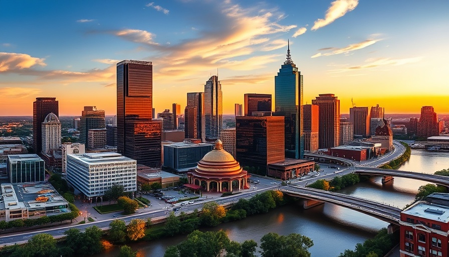 Vibrant Austin downtown skyline during golden hour reflecting on the river.