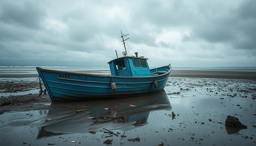 Worn-out blue boat capsizes on San Diego beach, stranded on shore.