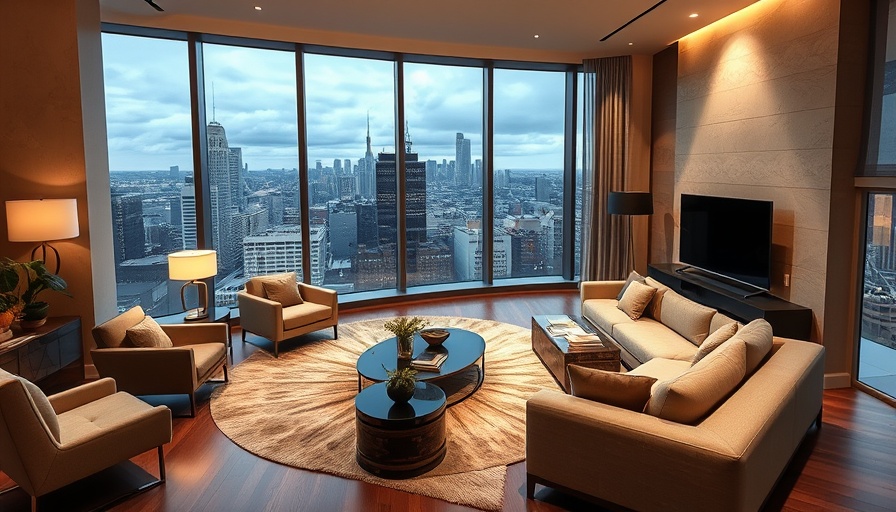 Luxurious North Hills tower penthouse living room with city view.