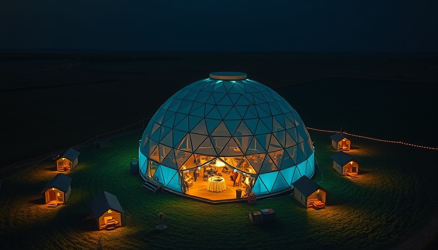 Aerial view of an Austin immersive music venue with a lit geodesic dome.