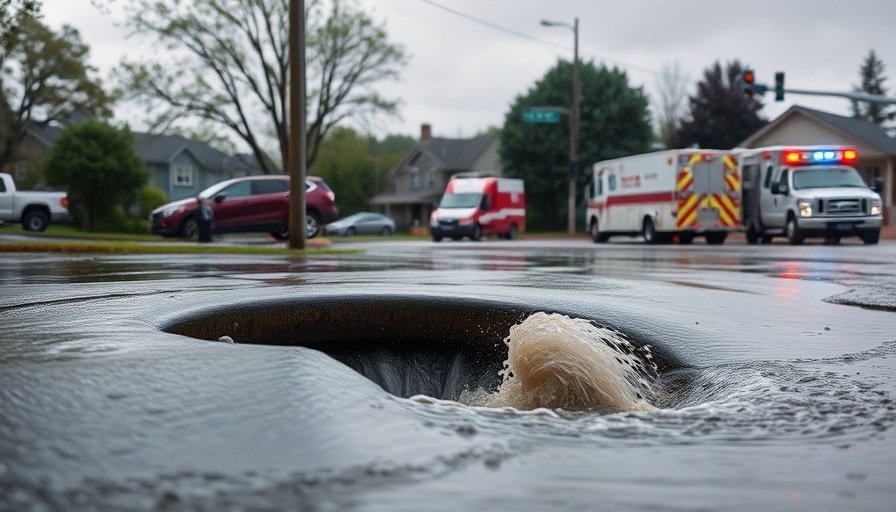 Flooded storm drain with rising water safety measures in suburban area.
