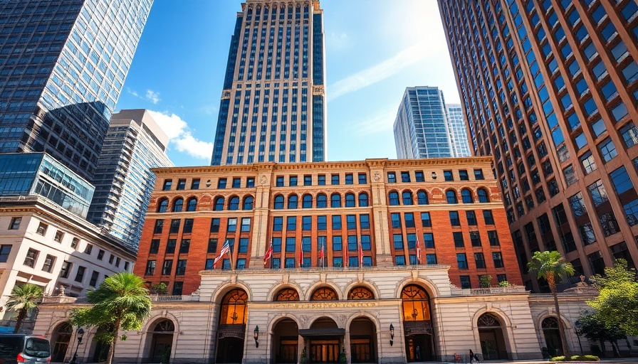 Facade of Fairmont Dallas hotel with flags, city skyscrapers.