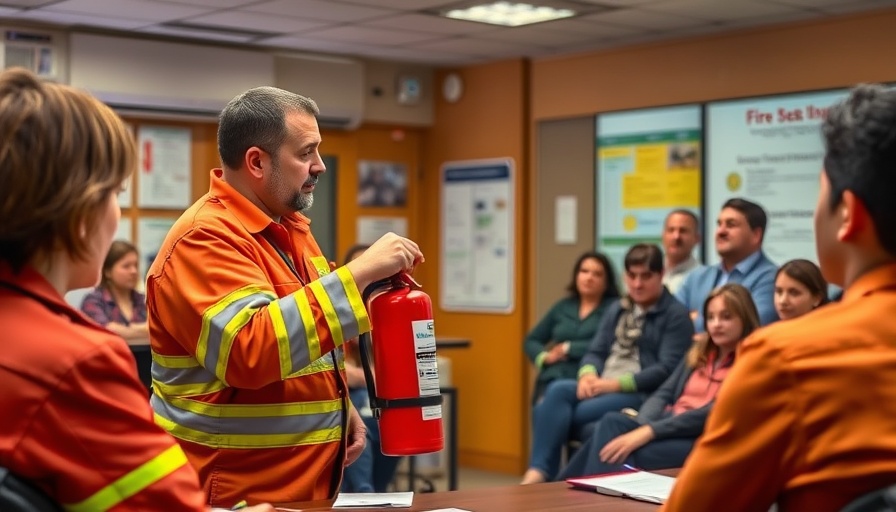 Austin wildfire emergency preparedness training with instructor demonstrating fire extinguisher use.