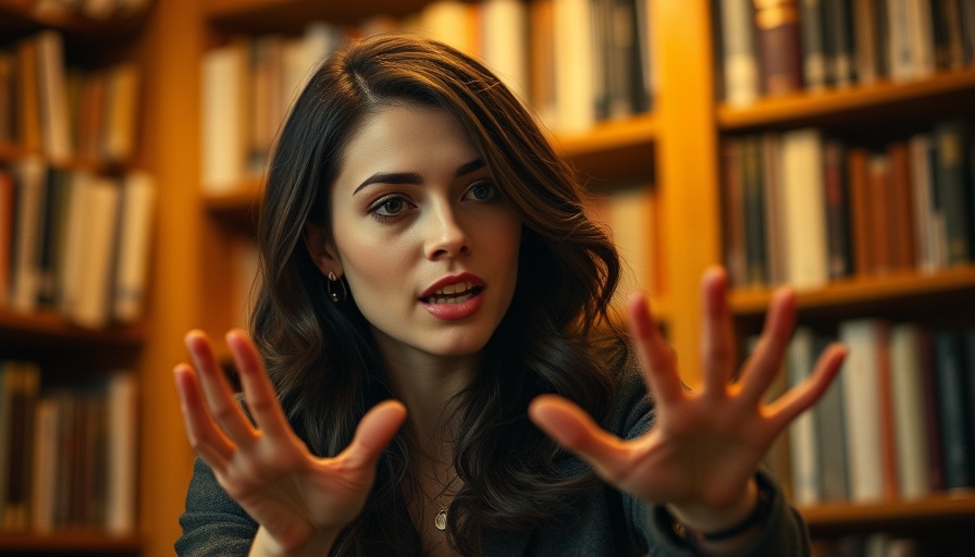 Brunette woman discussing immigration policy USA in a library setting.