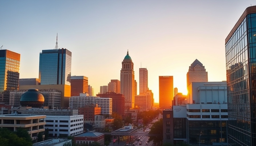 Skyline of Austin with modern buildings during sunset.