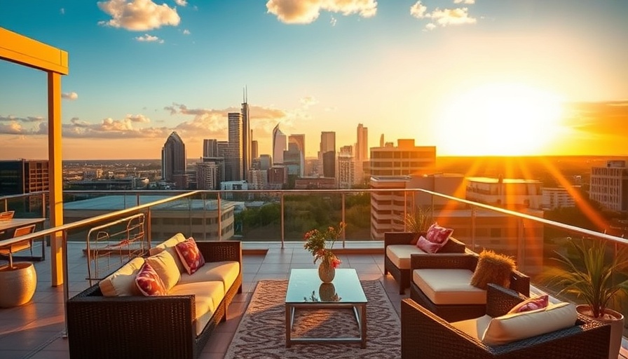 Rooftop terrace view of Austin skyline at sunset for Austin art fair 2025.