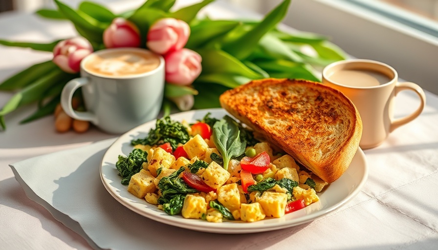 Healthy Plant-Based Breakfast Recipe with vibrant scrambled tofu, toast, and coffee.