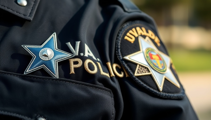 Uvalde Police badge close-up on uniform in natural lighting.
