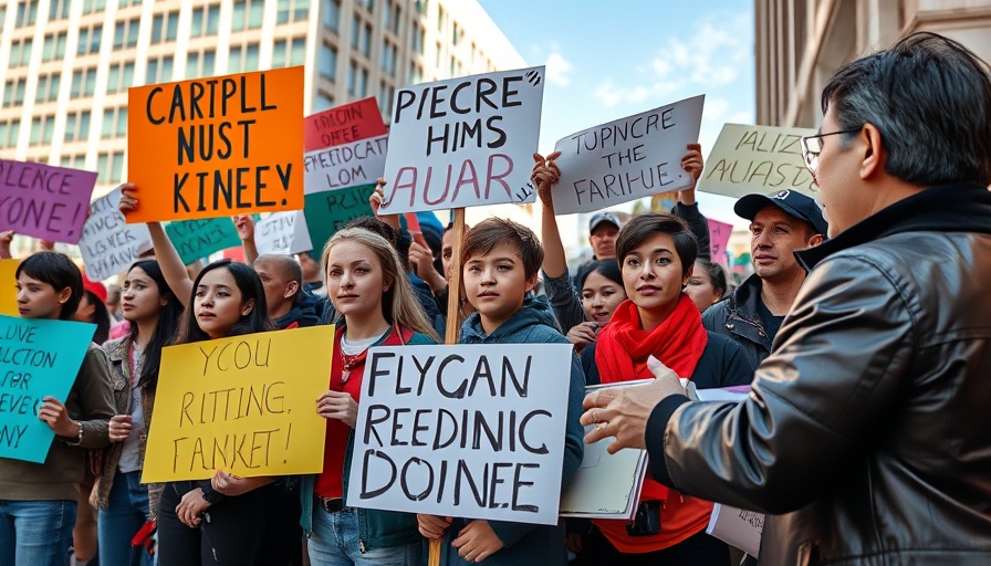 Activists protest with signs on class and democracy.