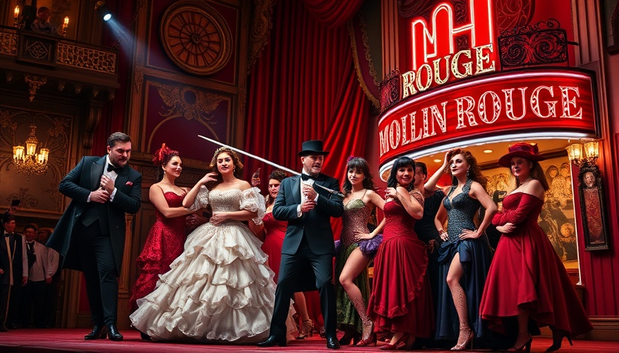 Moulin Rouge cast in lively costumes on stage setting in Austin.
