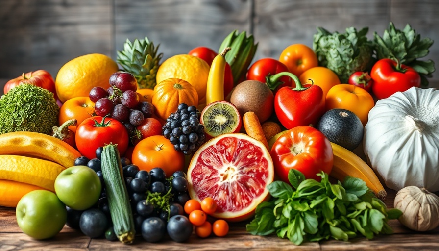 Fresh fruits and vegetables on rustic table showcasing healthy eating habits.