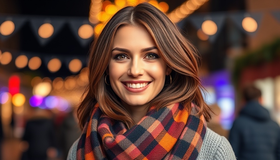Stylish woman at festive event with colorful plaid scarf.