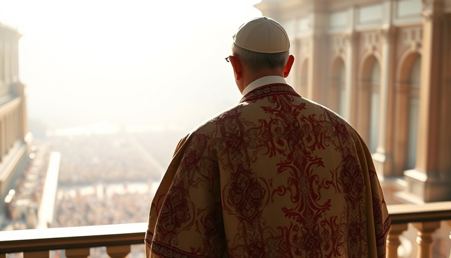 Back view of a Pope on balcony, bright light, new American pope theme.