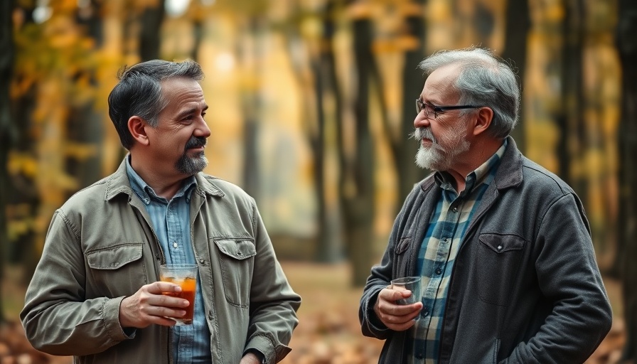 Two friends discussing outdoors in a forest setting.