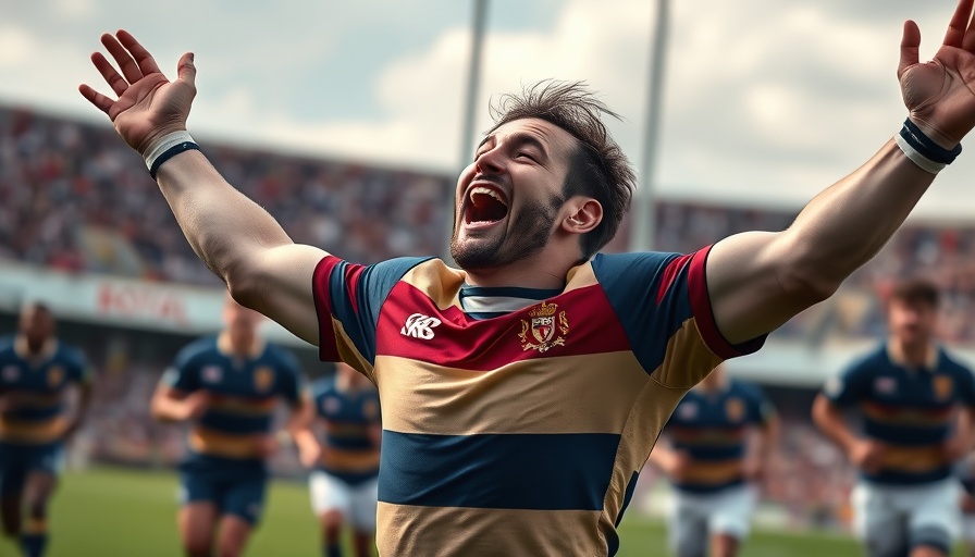 Rugby player celebrating on field with raised arms