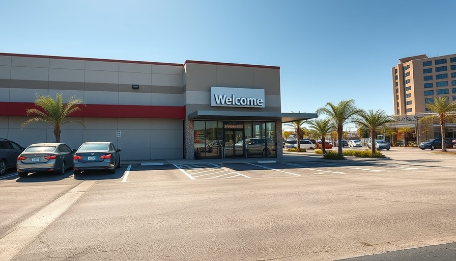Austin businesses area with modern parking lot and welcome sign.