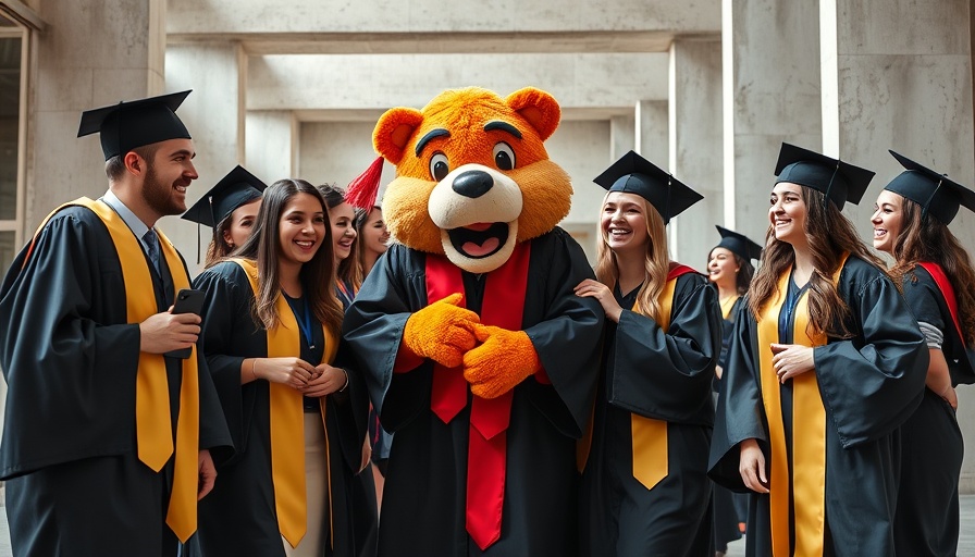 Graduating students celebrate with mascot costume indoors.