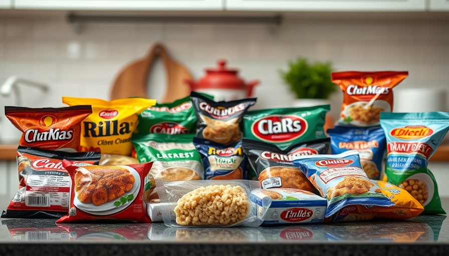Ultra-processed foods packaging on kitchen counter, health risks.