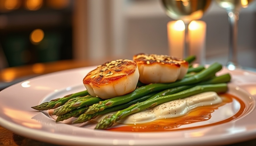 Seared scallops with soy and ginger grilled asparagus on pink plate.