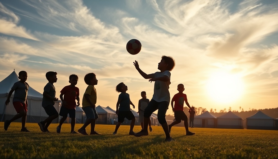 Children in custody playing soccer on a sunny day in a tented camp