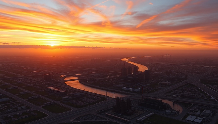 Dramatic sunset over an industrial cityscape highlighting cities that are sinking.