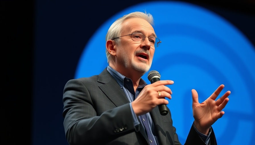 Older male speaking passionately on stage in a dark suit.