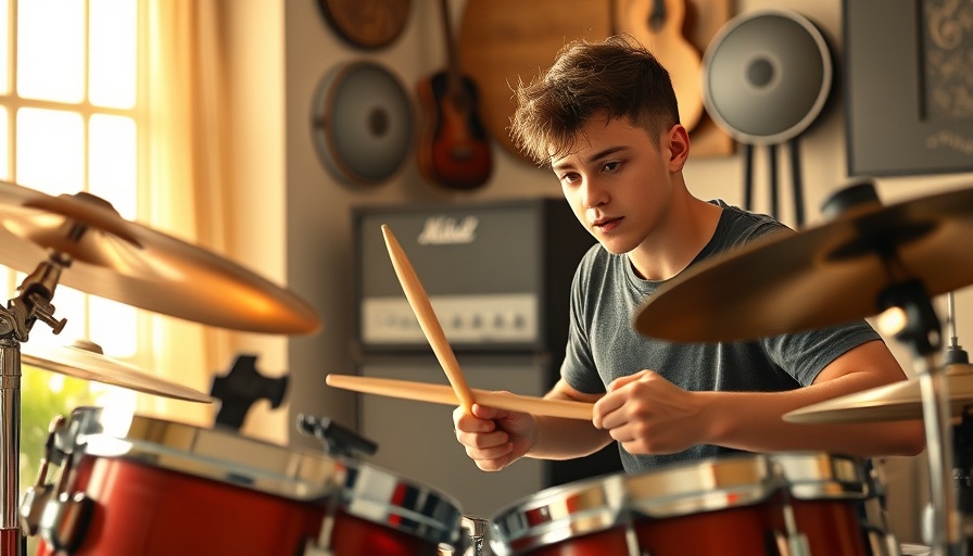 Young drummer focused on recovery, playing in a well-lit music room.
