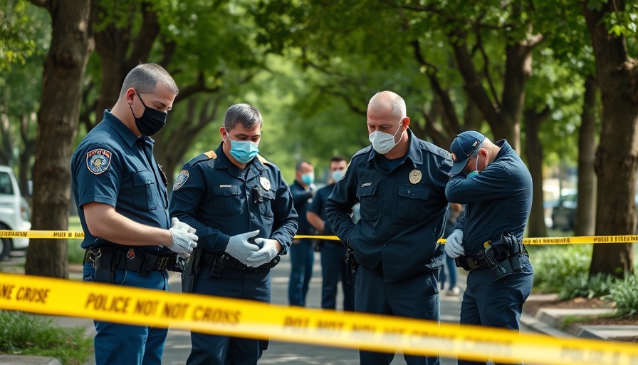 Police investigate crime scene outdoors with tape and signs visible.
